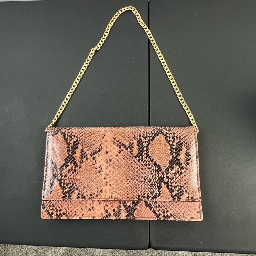 Ann Taylor Genuine Suede Snake Print Convertible Clutch NWT $128 Gold Chain